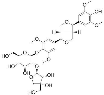 (-)-Syringaresinol 4-(2''-apiosylglucoside)의 분자구조식