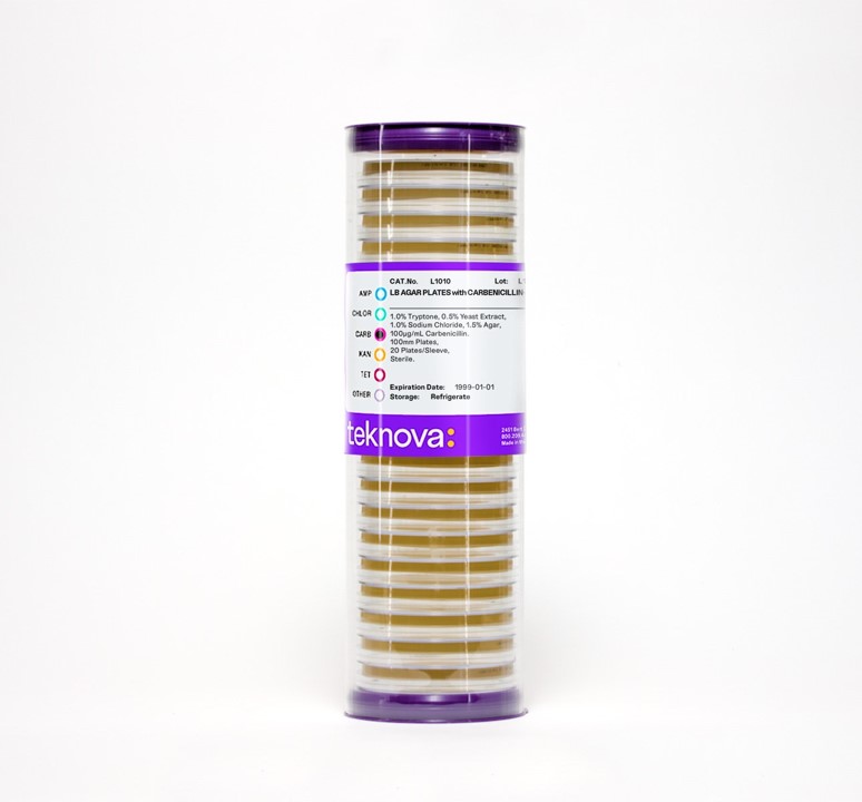 LB Agar Plates with Carbenicillin-100. 100mm, 20 Plates per Sleeve, Sterile.